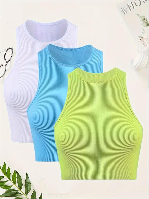 Women's Plain Round Neck Sports Vest, Casual Comfy Breathable Crop Tank Top, Back To School Outfits, Women's Sportswear Clothing for Yoga Gym Workout, Gym Clothing, Tank Tops for Women, Going Out Tops