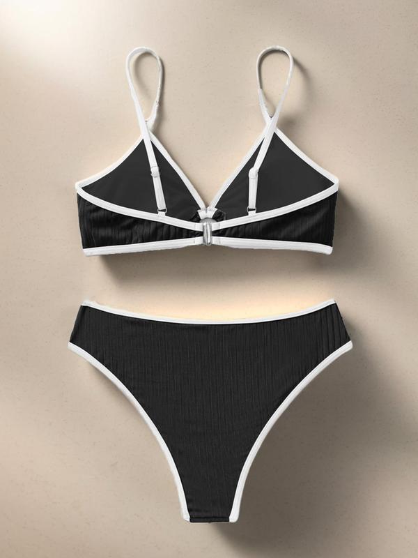 2 Pieces Two-Piece Set Women's Plain Contrast Binding Summer Bikini Set, Summer Clothes Women, O-ring Decor Ruched Swim Top & High Cut Swim Bottom Two-piece Swimsuit, Bathing Suits, Swimsuit Sets Bathing Suits 2024 for Women Summer Tummy Control Swimwear