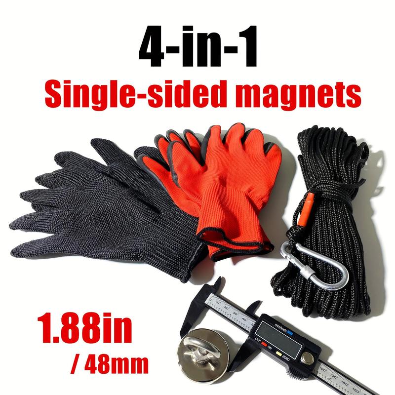 4-in-1 Fishing Magnet Kit, 1 Count Outdoor Salvage Set with 65ft Rope & Gloves & Carabiner, Professional Fishing Accessories for Outdoor