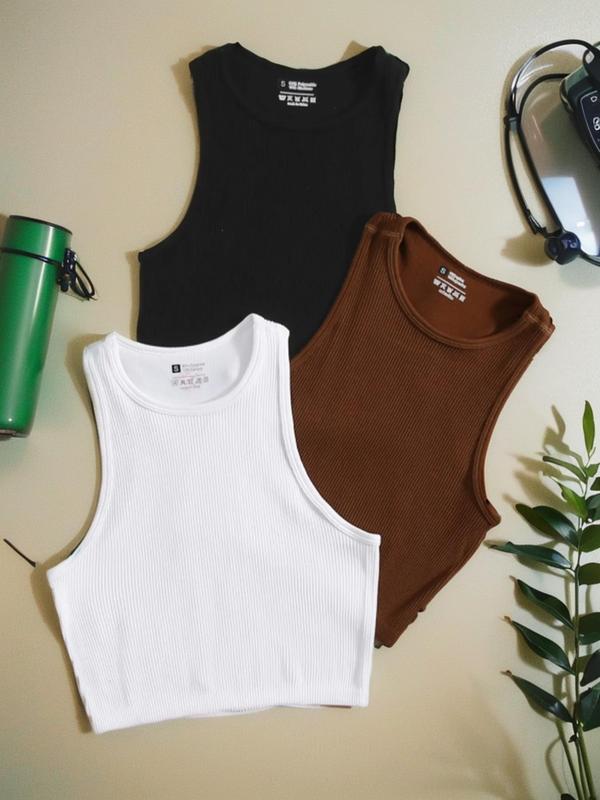 Women's Plain Round Neck Sports Vest, Casual Comfy Breathable Crop Tank Top, Back To School Outfits, Women's Sportswear Clothing for Yoga Gym Workout, Gym Clothing, Tank Tops for Women, Going Out Tops