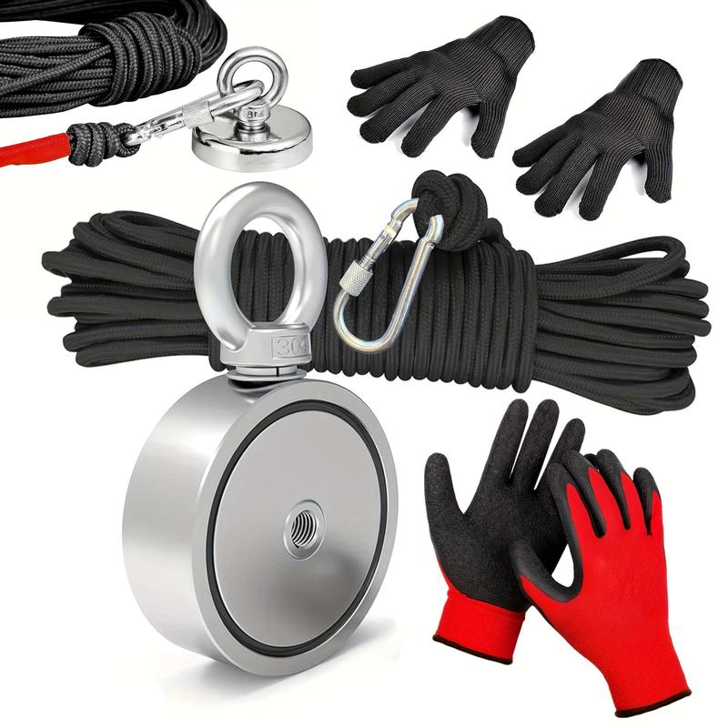 4-in-1 Fishing Magnet Kit, 1 Count Outdoor Salvage Set with 65ft Rope & Gloves & Carabiner, Professional Fishing Accessories for Outdoor