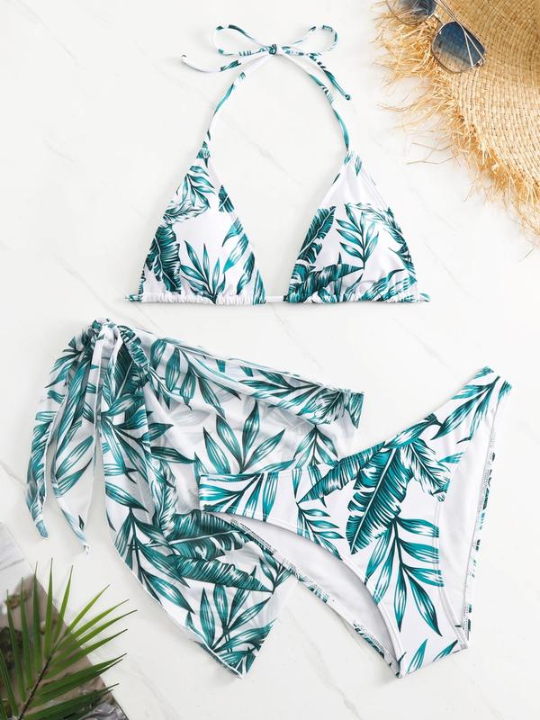 Three-Piece Set Women's Plants Print Knot Bikinis Set, Boho Triangle Swim Bra & High Cut Swim Panty & Asymmetrical Cover Up Skirt, Ladies Swimwear for Beach Vacation, Summer Bathing Suits