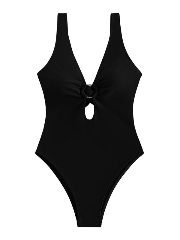 Women's Sexy Solid V Neck Ruched Ring Linked One-piece Swimsuit, Swimsuit for Women, Casual High Waist Swimwear for Summer, Ladies Swimsuit for Beach Holiday Vacation