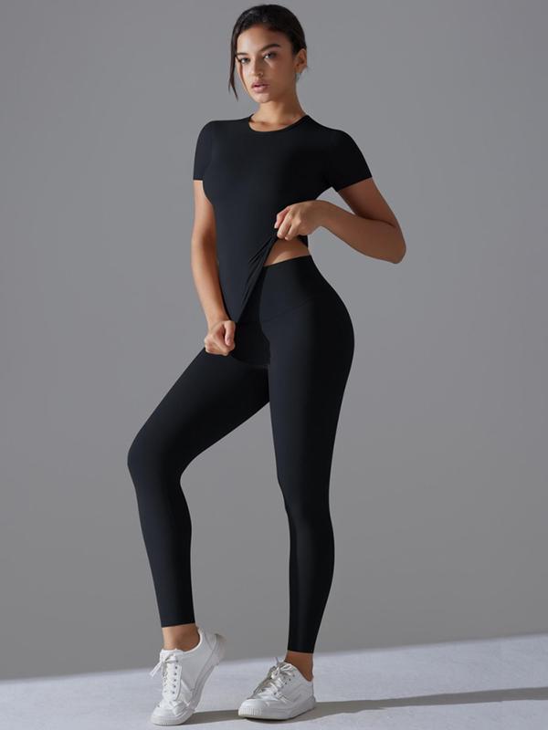 Women's Solid Round Neck Tee & High Waist Leggings Tracksuit Set, Sporty Breathable Quick Drying Outfits for Yoga Gym Workout Running, Women's Sweatsuit Set, Ladies Sportswear for All Seasons