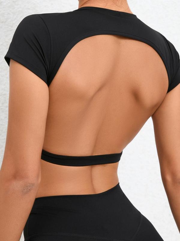 Women's Solid Backless Crop  Sports Tee, Sporty Round Neck Short Sleeve T-shirt for Yoga Gym Workout, Ladies Sportswear for All Seasons