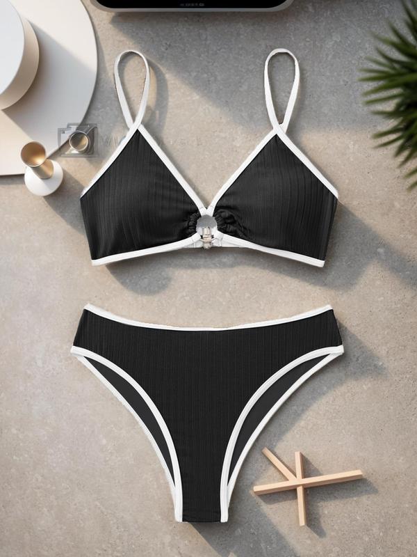 2 Pieces Two-Piece Set Women's Plain Contrast Binding Summer Bikini Set, Summer Clothes Women, O-ring Decor Ruched Swim Top & High Cut Swim Bottom Two-piece Swimsuit, Bathing Suits, Swimsuit Sets Bathing Suits 2024 for Women Summer Tummy Control Swimwear