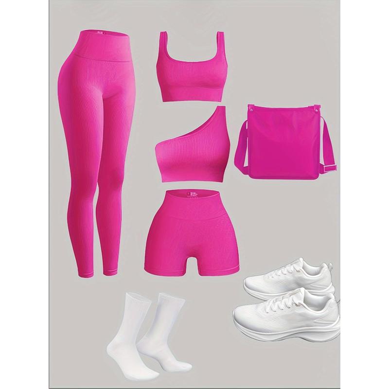 Women's 4-Piece Set Yoga Suit, Sports Leggings, Sports Bra, Shorts, Gym and Outdoor Sports Workout Equipment (Excluding Accessories)