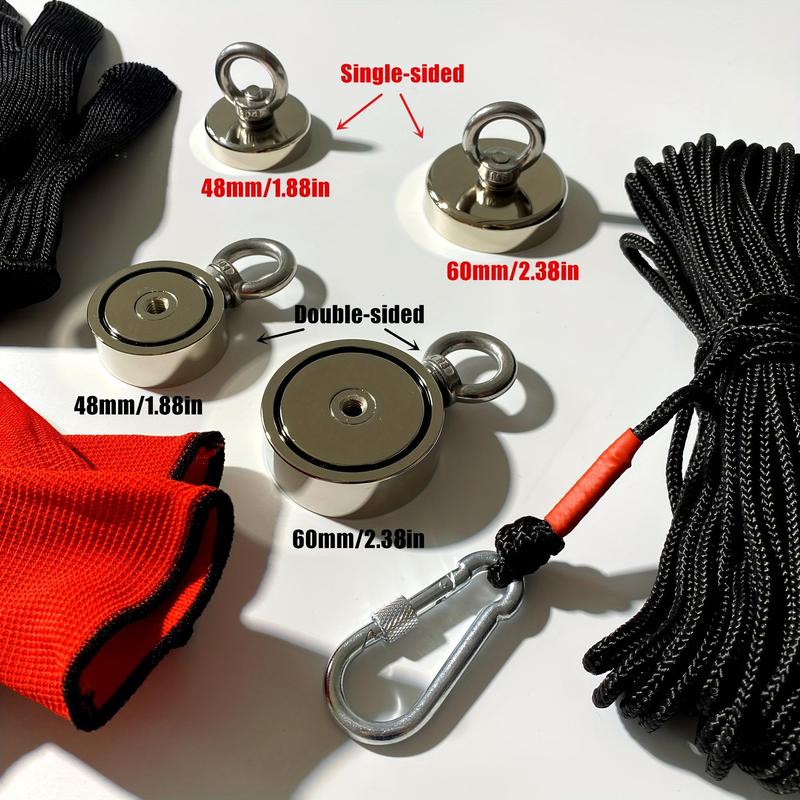 4-in-1 Fishing Magnet Kit, 1 Count Outdoor Salvage Set with 65ft Rope & Gloves & Carabiner, Professional Fishing Accessories for Outdoor