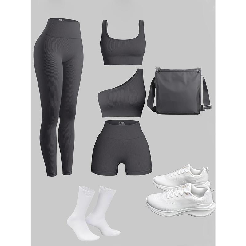 Women's 4-Piece Set Yoga Suit, Sports Leggings, Sports Bra, Shorts, Gym and Outdoor Sports Workout Equipment (Excluding Accessories)