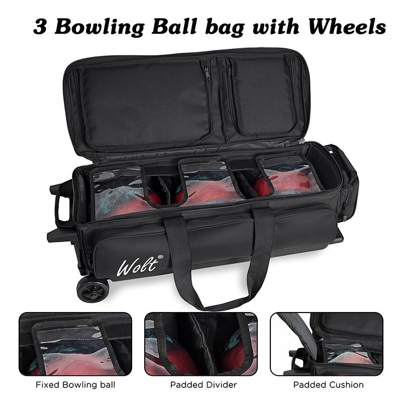 WOLT | 3 Ball Bowling Bags with Wheels,3 Ball Bowling Bag with Separate Shoe Compartment,Ultra-large Capacity Bowling Ball Bag with Accessory Pocket, Retractable Handle extends to 38’’