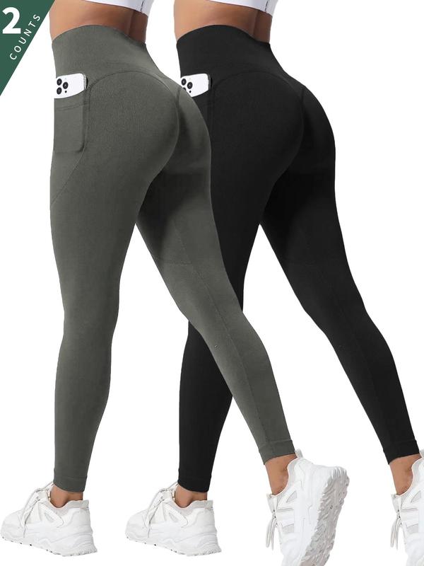 Women's Solid Color High Waist Pocket Sports Leggings, Casual Comfy Breathable Skinny Pants for Yoga Gym Workout Running, Ladies Sportswear for All Seasons