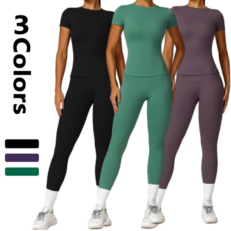 Women's High Waist Yoga Pants and Stretchy Top Set in Black Green Purple - Nylon and Spandex Fabric for Comfortable Workout and Daily Use