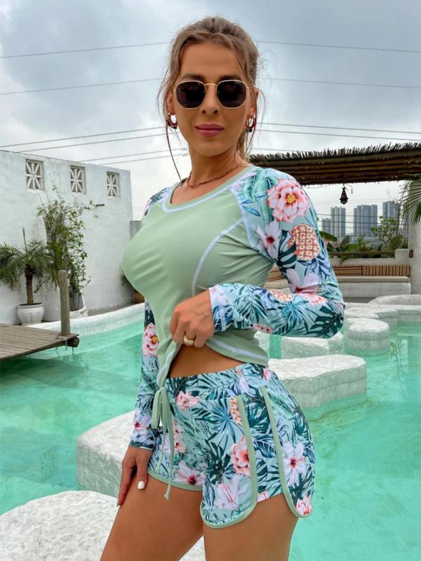 Two-Piece Set Women's Plants Print Raglan Sleeve Swim Tee & Tie Front Swim Shorts Set, Casual Long Sleeve Round Neck Swim Top & Swim Bottom, Ladies Swimsuit for Beach Holiday Vacation