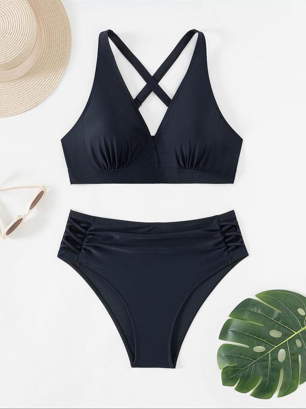 Plus Size Solid Criss Cross Ruched Bikini Set, Adjustable Strap Swim Top & High Waist Swim Bottom, Women's Two-piece Swimsuit for Beach Holiday Vacation