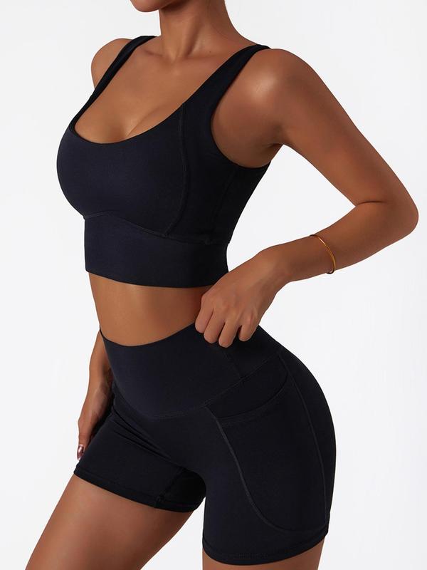 Two-Piece Set Women's Solid Scoop Neck Crop Tank Top & High Waist Shorts Tracksuit Set, Breathable Quick Drying Tight-fitting Top & Pocket Yoga Shorts , Ladies Sportswear for Indoor Outdoor Wear