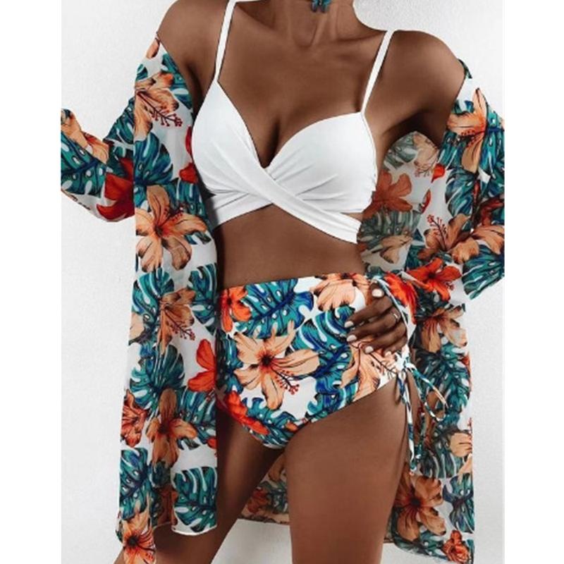 Womens 3 Piece Swimsuit Drawstring Bikini Set Long Sleeve Beach Cover Up