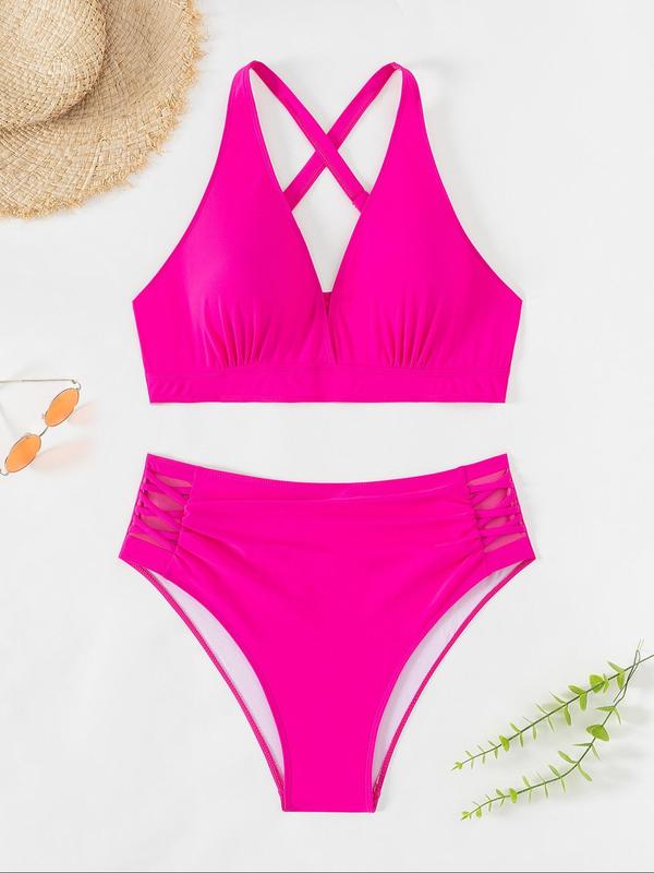 Plus Size Solid Criss Cross Ruched Bikini Set, Adjustable Strap Swim Top & High Waist Swim Bottom, Women's Two-piece Swimsuit for Beach Holiday Vacation