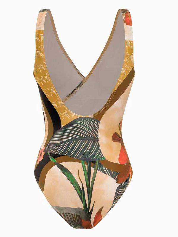 2 Pieces Women's Ruched Backless Tropical Print Wrap Swimsuit & Tie Front Skirt Set, Boho Sleeveless Swimwear Set for Beach Holiday Vacation, Swimsuit for Women, Tummy Control Swimwear for Women, Swimsuit Sets, Bathing Suits, Minimalistic Outfit