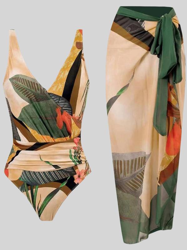 2 Pieces Women's Ruched Backless Tropical Print Wrap Swimsuit & Tie Front Skirt Set, Boho Sleeveless Swimwear Set for Beach Holiday Vacation, Swimsuit for Women, Tummy Control Swimwear for Women, Swimsuit Sets, Bathing Suits, Minimalistic Outfit