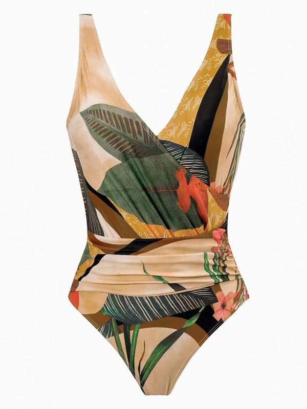 2 Pieces Women's Ruched Backless Tropical Print Wrap Swimsuit & Tie Front Skirt Set, Boho Sleeveless Swimwear Set for Beach Holiday Vacation, Swimsuit for Women, Tummy Control Swimwear for Women, Swimsuit Sets, Bathing Suits, Minimalistic Outfit