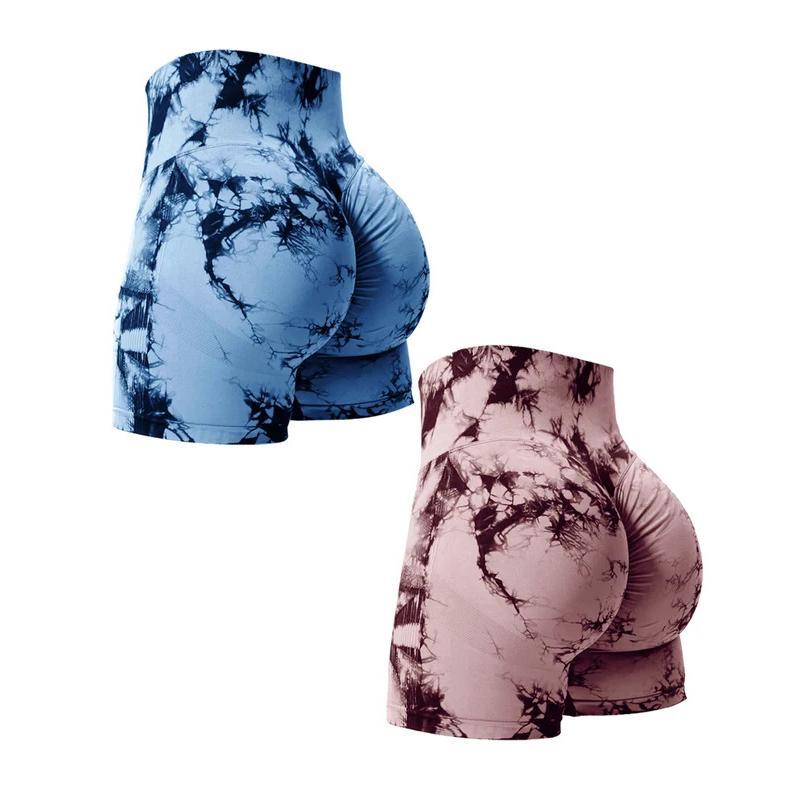 2PCS Tie Dye Butt Lifting Sexy Gym Shorts Woman Skinny Stretch High Waist Sport Shorts Casual Seamless