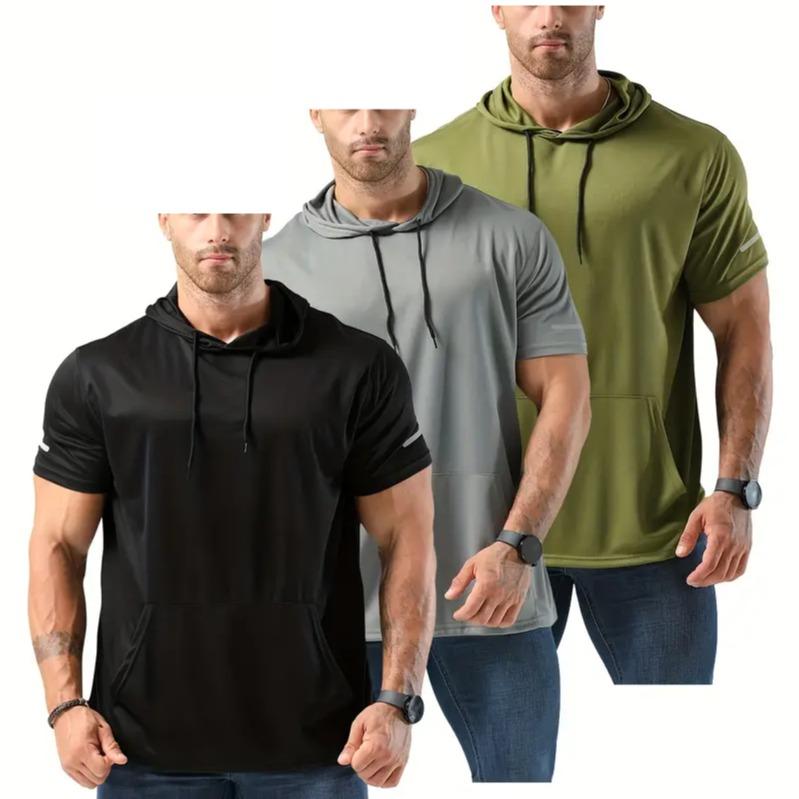 Men's 3 6 Pack Workout Shirts Tops , Simple Versatile Casual Sports Menswear,quick drying Moisture Wicking Short Sleeve Mesh Athletic T-Shirts with Hoods