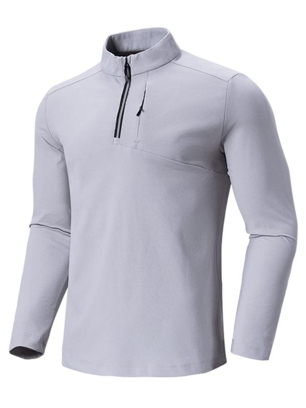 Men's Solid Zip Up Half Placket Sports Tee, Casual Long Sleeve Funnel Neck T-shirt for Fall & Winter, Men's Sportswear for Outdoor Activities