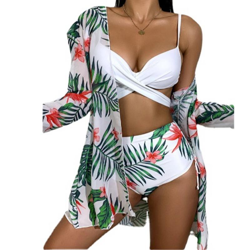 Womens 3 Piece Swimsuit Drawstring Bikini Set Long Sleeve Beach Cover Up