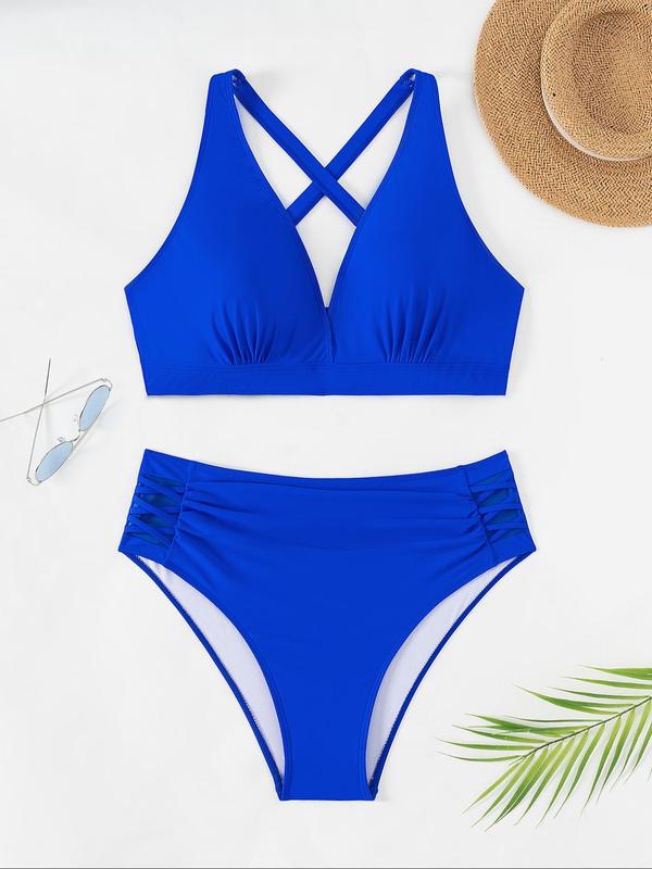 Plus Size Solid Criss Cross Ruched Bikini Set, Adjustable Strap Swim Top & High Waist Swim Bottom, Women's Two-piece Swimsuit for Beach Holiday Vacation