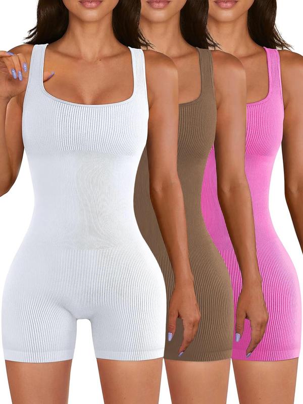 Women's Scoop Neck Sports Bodysuit, Sports Sleeveless Ribbed Romper, Summer Clothes Women, Ladies Summer Sportswear, Tummy Control