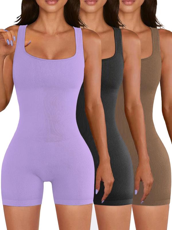 Women's Scoop Neck Sports Bodysuit, Sports Sleeveless Ribbed Romper, Summer Clothes Women, Ladies Summer Sportswear, Tummy Control