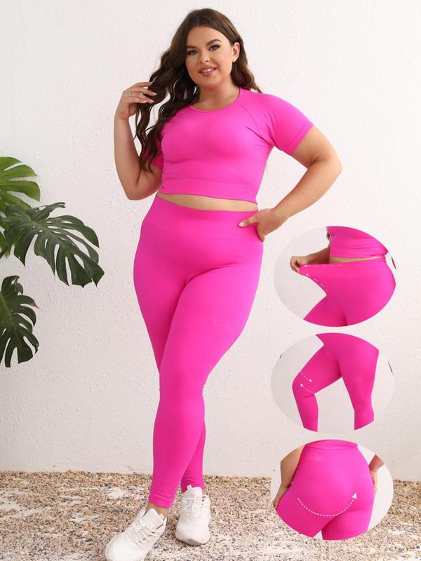 Plus Size Solid Round Neck Raglan Sleeve Crop Top & High Waist Leggings Tracksuit Set, Sporty Breathable Outfits for Yoga Gym Workout Running,  Jogging Suit Set, Women's Sportswear for All Seasons