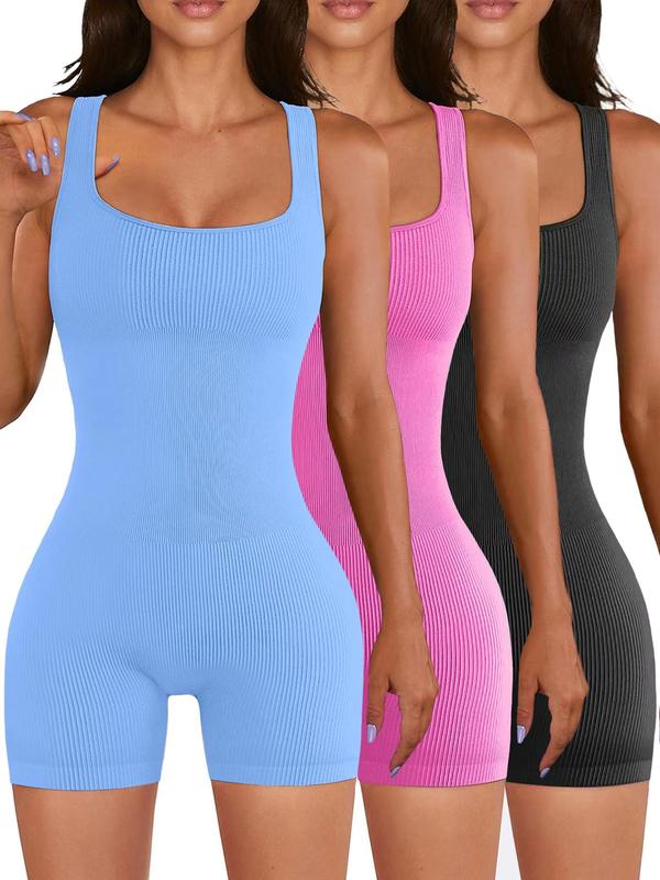 Women's Scoop Neck Sports Bodysuit, Sports Sleeveless Ribbed Romper, Summer Clothes Women, Ladies Summer Sportswear, Tummy Control