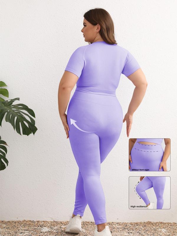 Plus Size Solid Round Neck Raglan Sleeve Crop Top & High Waist Leggings Tracksuit Set, Sporty Breathable Outfits for Yoga Gym Workout Running,  Jogging Suit Set, Women's Sportswear for All Seasons