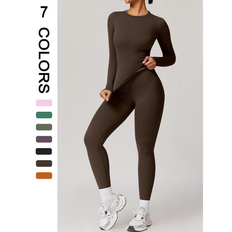 Two-piece Set Women's Solid Color Long Sleeve Round Neck Top & Leggings Tracksuit Set, Sporty Comfy Breathable Two-piece Outfits for Yoga Gym Workout Running, Ladies Sportswear for All Seasons