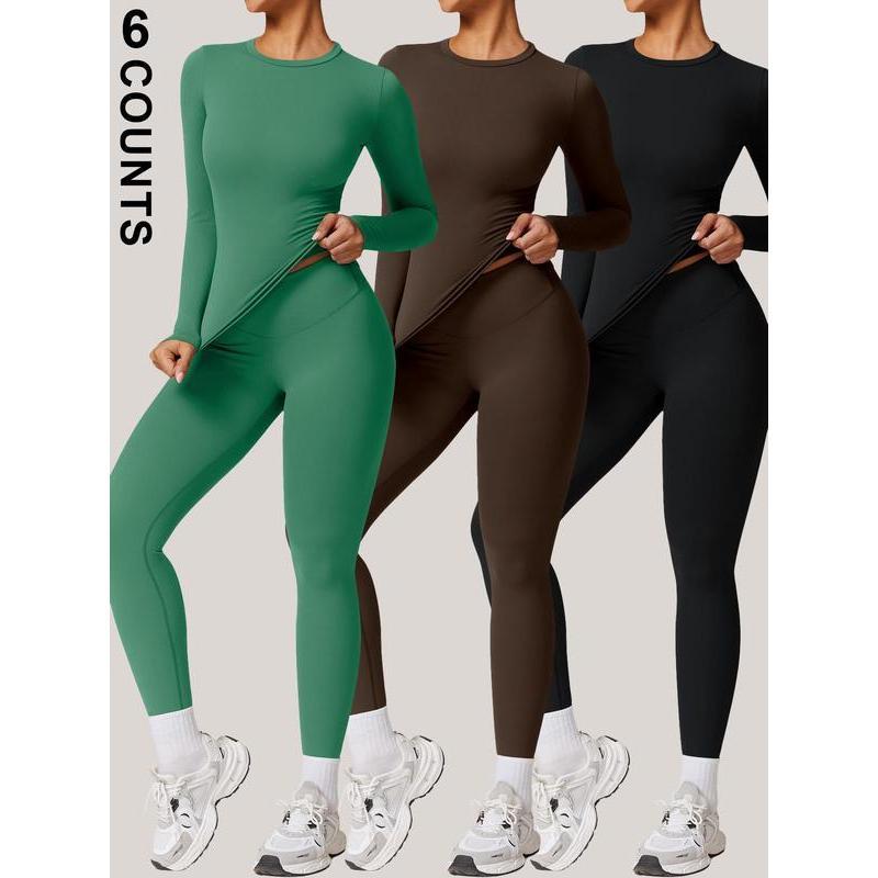 Two-piece Set Women's Solid Color Long Sleeve Round Neck Top & Leggings Tracksuit Set, Sporty Comfy Breathable Two-piece Outfits for Yoga Gym Workout Running, Ladies Sportswear for All Seasons