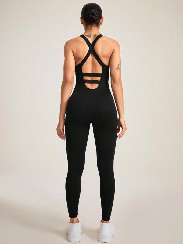 Women's Solid Criss Cross Backless Sports Tank Jumpsuit, Sporty Scoop Neck Cut Out Jumpsuit for Yoga Gym Workout, Ladies Sportswear for All Seasons