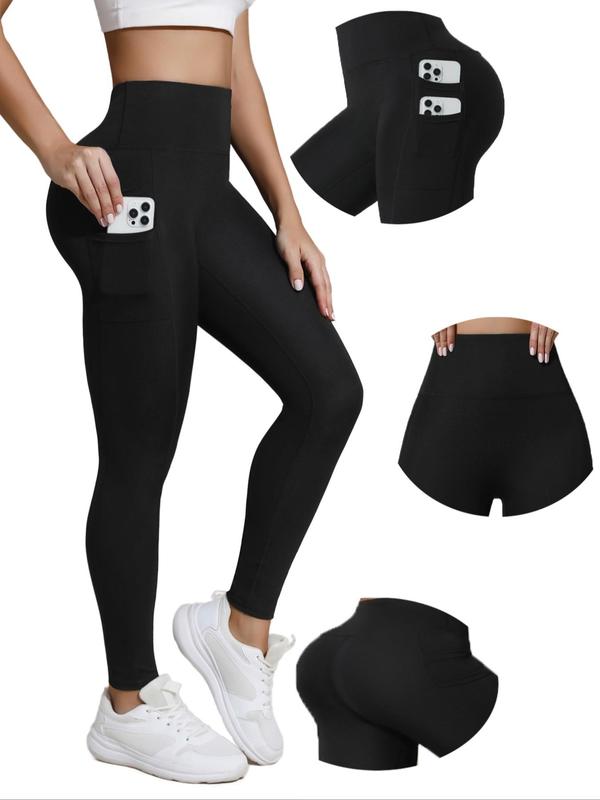 Women's Solid Color High Waist Sports Leggings, Casual Comfy Breathable Double Side Pockets  Design Skinny Pants for Yoga Gym Workout, Ladies Sportswear for Fall & Winter