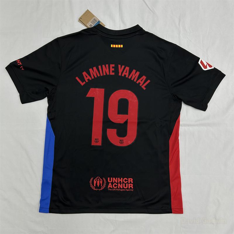 NIKE FC Barcelona Away Short Sleeve Soccer Jersey Fans Version 19# Lamine Yamal 11# Raphinha 9# Lewandowski 24-25 Season  Black Football Jersey Quick Drying