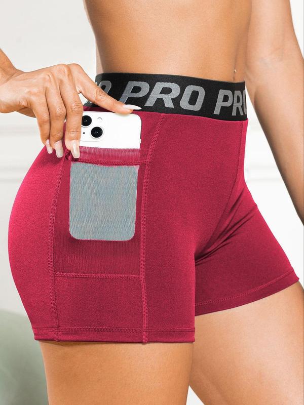 Women's Letter Tape High Waist Sports Gym Shorts, Gym Clothes, Gym Shorts, Casual Contrast Mesh Pocket Sports Short Leggings, Summer Clothes, Gym Shorts for Women, Ladies Sportswear for Summer