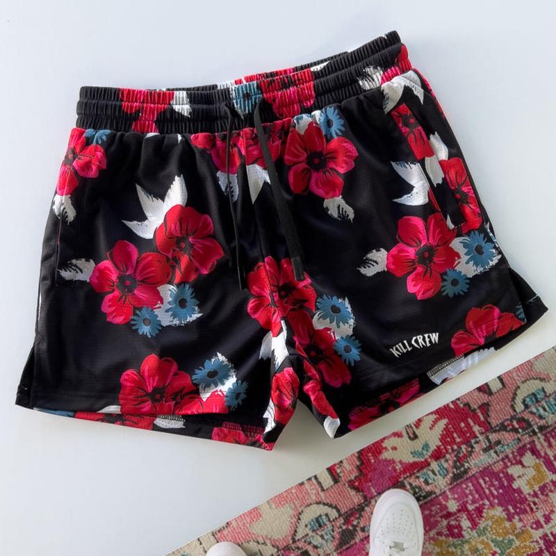 Kill Crew Muay Thai Shorts - Floral - Black, Unisex, Mid Thigh Cut, Pockets, Gym Shorts, Elastic Waistband, Long drawcord with wax tips