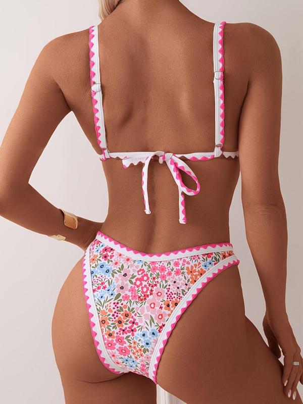 Two-Piece Set Women's Floral Print Bikini Set, Boho Adjustable Strap Tie Back Swim Bra & High Cut Swim Panty, Two-piece Swimsuit for Beach Holiday Vacation