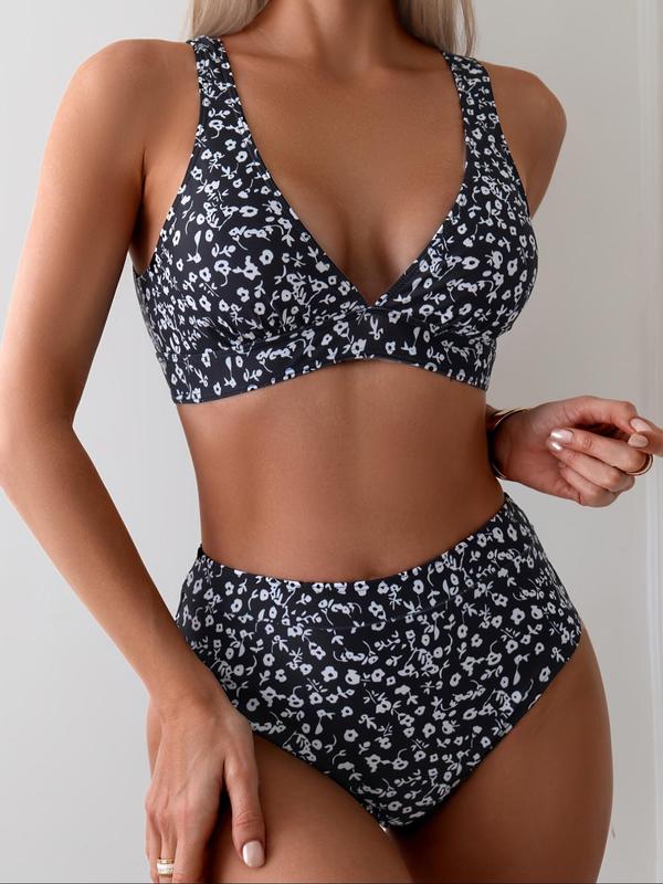 Two-Piece Set Women's Ditsy Floral Print Bikinis Set, Deep V Neck Backless Swim Top & High Waist Swim Bottom Swimsuit Set, Ladies Summer Beach Holiday Vacation Swimwear