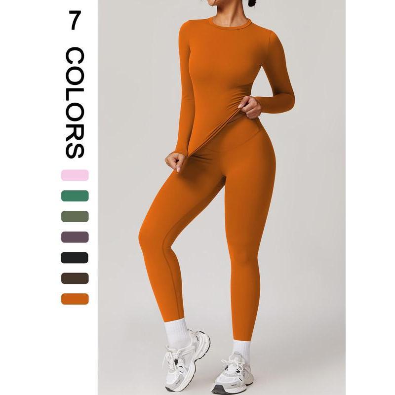 Two-piece Set Women's Solid Color Long Sleeve Round Neck Top & Leggings Tracksuit Set, Sporty Comfy Breathable Two-piece Outfits for Yoga Gym Workout Running, Ladies Sportswear for All Seasons