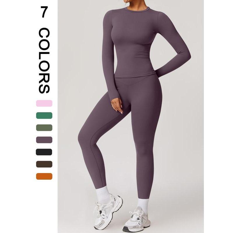 Two-piece Set Women's Solid Color Long Sleeve Round Neck Top & Leggings Tracksuit Set, Sporty Comfy Breathable Two-piece Outfits for Yoga Gym Workout Running, Ladies Sportswear for All Seasons