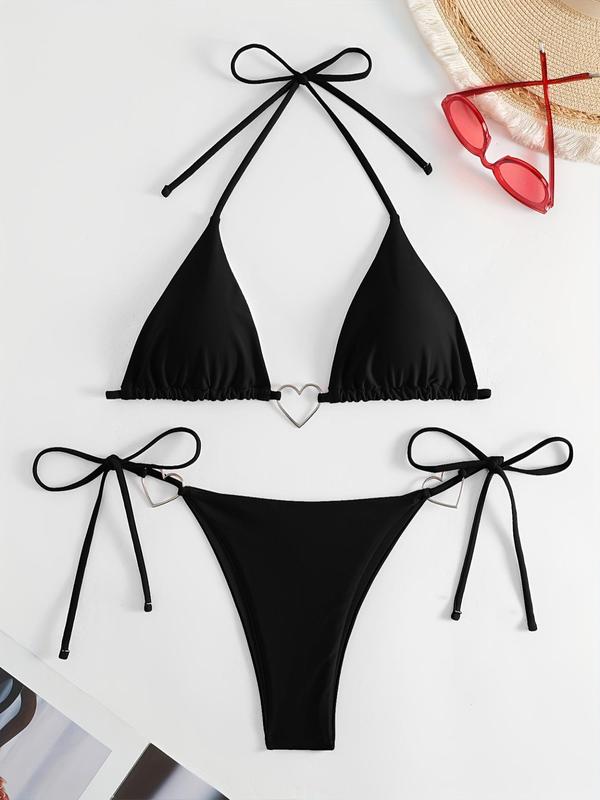 Women's Plain Heart Shaped Ring Linked Bikini Set, Casual Halter Neck Tie Back Removable Chest Pads Triangle Swim Bra & Tie Side Swim Panty, Swimsuit for Women, Bathing Suits Women