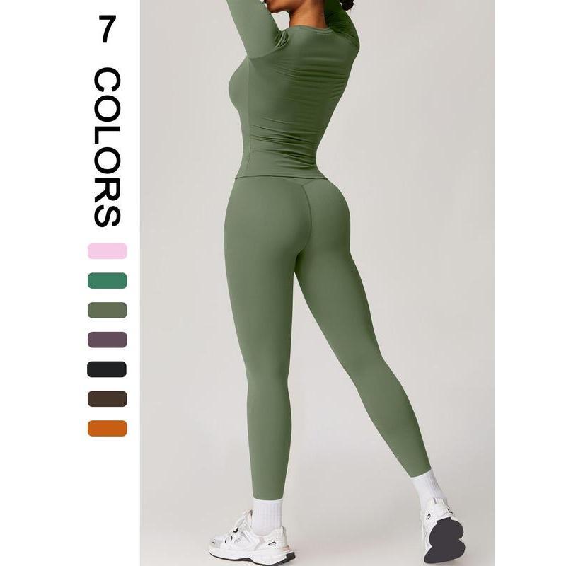 Two-piece Set Women's Solid Color Long Sleeve Round Neck Top & Leggings Tracksuit Set, Sporty Comfy Breathable Two-piece Outfits for Yoga Gym Workout Running, Ladies Sportswear for All Seasons