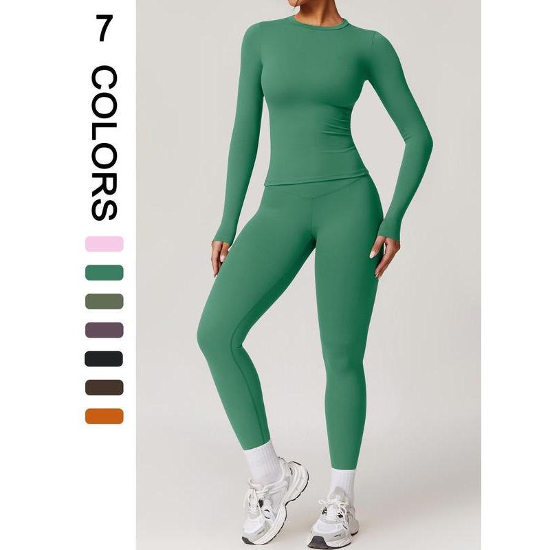 Two-piece Set Women's Solid Color Long Sleeve Round Neck Top & Leggings Tracksuit Set, Sporty Comfy Breathable Two-piece Outfits for Yoga Gym Workout Running, Ladies Sportswear for All Seasons