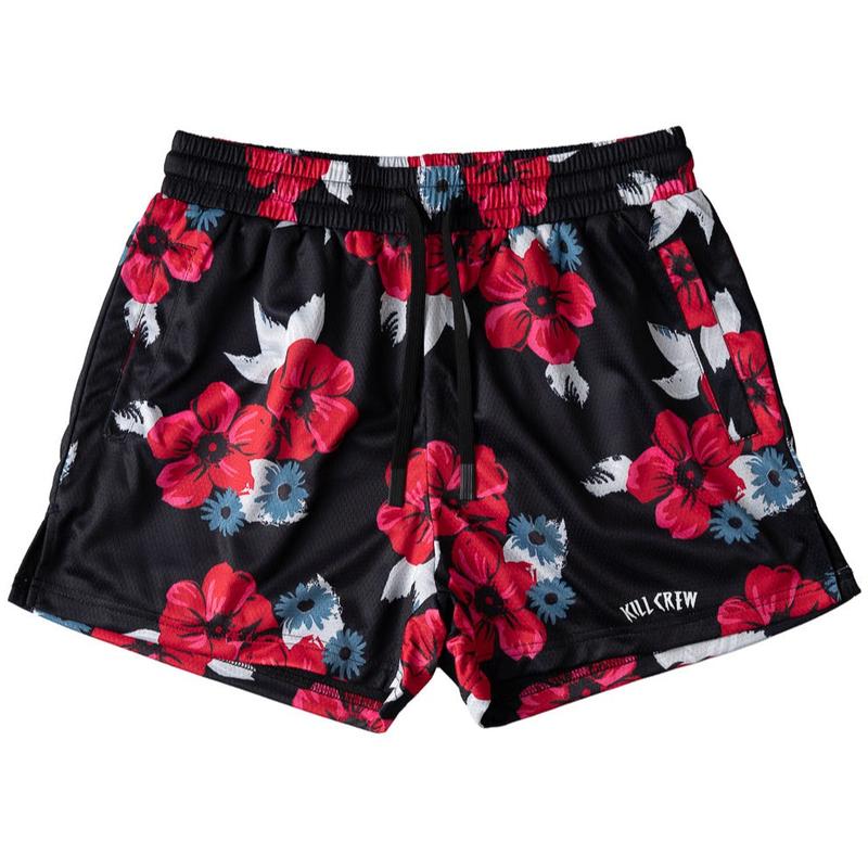 Kill Crew Muay Thai Shorts - Floral - Black, Unisex, Mid Thigh Cut, Pockets, Gym Shorts, Elastic Waistband, Long drawcord with wax tips