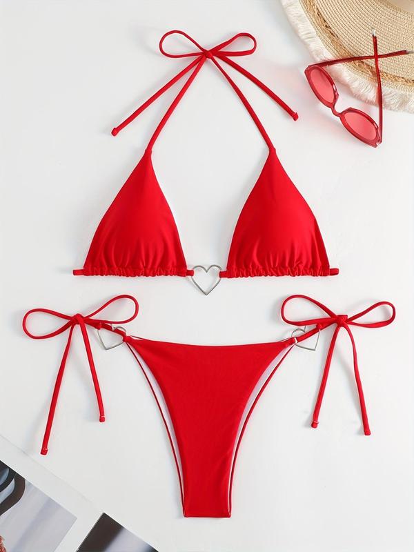 Women's Plain Heart Shaped Ring Linked Bikini Set, Casual Halter Neck Tie Back Removable Chest Pads Triangle Swim Bra & Tie Side Swim Panty, Swimsuit for Women, Bathing Suits Women